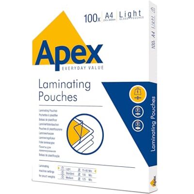 Fellowes 6003201 Pouches per plastificazione Apex Light Duty formato A4, spessore sottile, Finitura lucida, ideali per avvisi e foto, confezione da 100 fogli Fellowes 6003201 Pouches per plastificazione Apex Light Duty formato A4, spessore sottile, Finitura lucida, ideali per avvisi e foto, confezione da 100 fogli