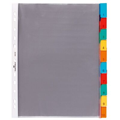 Durable Busta intercalare forata, cavalierini colorati, set di etichette bianche e stampate, f.to A4, 10 tasti, foratura universale, trasparente Durable Busta intercalare forata, cavalierini colorati, set di etichette bianche e stampate, f.to A4, 10 tasti, foratura universale, trasparente