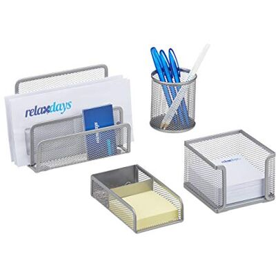 Relaxdays Set da Scrivania Ufficio, 4 Accessori Portacarte, Portapenne, Contenitore Foglietti e Graffette, Mesh, Argento Relaxdays Set da Scrivania Ufficio, 4 Accessori Portacarte, Portapenne, Contenitore Foglietti e Graffette, Mesh, Argento