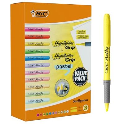 BIC Evidenziatori Highlighter Grip, perfetti per l'aula o l'ufficio, colori assortiti, confezione da 24 BIC Evidenziatori Highlighter Grip, perfetti per l'aula o l'ufficio, colori assortiti, confezione da 24
