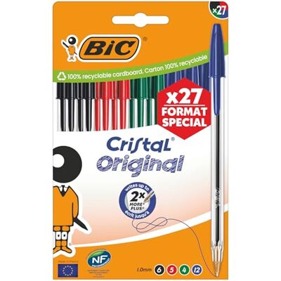 BIC Penne a Sfera Cristal Original Punta Media (1,00 mm) Inchiostro di Colori Assortiti, Confezione in Edizione Speciale da 27 BIC Penne a Sfera Cristal Original Punta Media (1,00 mm) Inchiostro di Colori Assortiti, Confezione in Edizione Speciale da 27