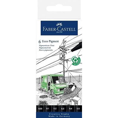 Faber-Castell Penna a inchiostro Ecco Pigment, nero, 0,05, 0,1, 0,2, 0,3, 0,4 e 0,5 mm, astuccio da 6 pezzi Faber-Castell Penna a inchiostro Ecco Pigment, nero, 0,05, 0,1, 0,2, 0,3, 0,4 e 0,5 mm, astuccio da 6 pezzi