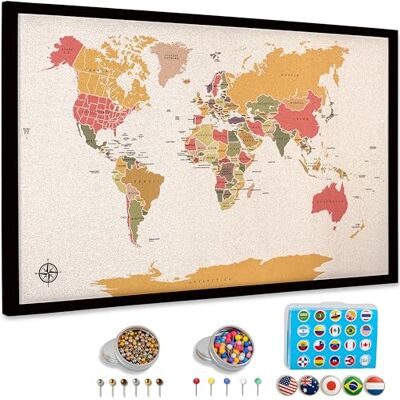 TWO DREAMERS Bacheca con mappa del mondo, grande, 76,2 x 50,8 cm, con cornice, in sughero colorato con bandiere dei paesi, spille metalliche e colorate, mappa del mondo con spilli, regalo unico per viaggiatori TWO DREAMERS Bacheca con mappa del mondo, grande, 76,2 x 50,8 cm, con cornice, in sughero colorato con bandiere dei paesi, spille metalliche e colorate, mappa del mondo con spilli, regalo unico per viaggiatori