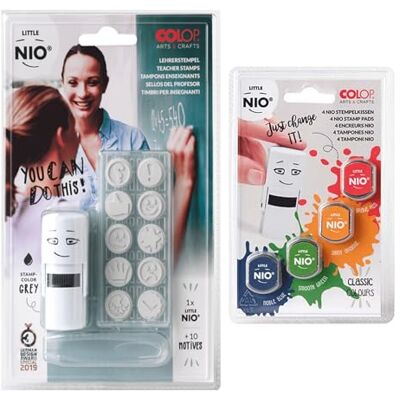 COLOP Little NIO set di timbri SCHOOL & TEACHER, con timbro, tampone di inchiostro grigio e 10 motivi diversi, incluso set di tamponi di ricambio "colori classici", 4 tamponi di inchiostro COLOP Little NIO set di timbri SCHOOL & TEACHER, con timbro, tampone di inchiostro grigio e 10 motivi diversi, incluso set di tamponi di ricambio "colori classici", 4 tamponi di inchiostro