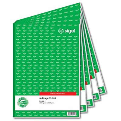 Sigel SD004 Blocco per commesse, lingua tedesca, fogli di carta copiativa, 1° e 2° Foglio stampati, formato A5, 2 x 40 fogli, 5 pz Sigel SD004 Blocco per commesse, lingua tedesca, fogli di carta copiativa, 1° e 2° Foglio stampati, formato A5, 2 x 40 fogli, 5 pz