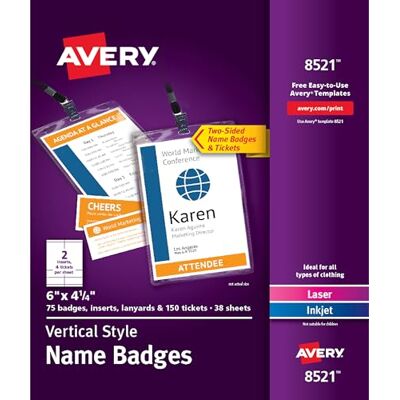 Avery Badge personalizzabili, 15,2 x 10,8 cm, 75 porta badge verticali con cordini, inserti stampabili per etichette con nome con biglietti () Avery Badge personalizzabili, 15,2 x 10,8 cm, 75 porta badge verticali con cordini, inserti stampabili per etichette con nome con biglietti ()