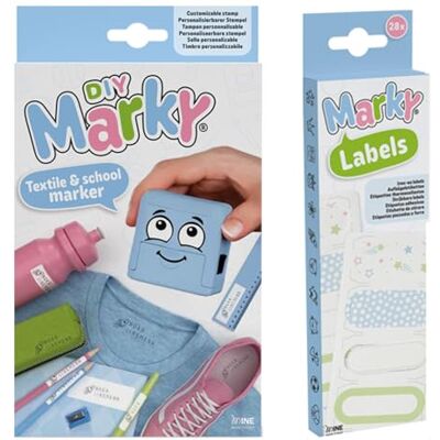 COLOP Set di timbri MARKY in azzurro, con inchiostro nero per l'etichettatura di vari oggetti e capi d'abbigliamento, incluso set di etichette da stirare, 28 etichette da stirare, 7 disegni ciascuna COLOP Set di timbri MARKY in azzurro, con inchiostro nero per l'etichettatura di vari oggetti e capi d'abbigliamento, incluso set di etichette da stirare, 28 etichette da stirare, 7 disegni ciascuna