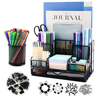 BCCICE Organizer da scrivania e accessori con 7 scomparti + portapenne/set di 72 clip, cassetto, rete nera, organizer da scrivania per casa, ufficio, ecc BCCICE Organizer da scrivania e accessori con 7 scomparti + portapenne/set di 72 clip, cassetto, rete nera, organizer da scrivania per casa, ufficio, ecc