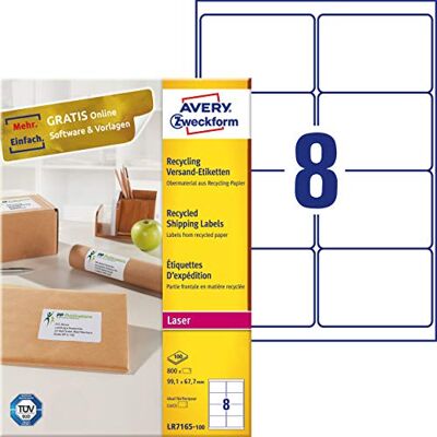 Avery Etichette riciclate, 99,1 x 67,7 mm, 800 etichette su 100 fogli, autoadesive, stampabili, carta opaca, 100% carta riciclata, colore: Bianco naturale Avery Etichette riciclate, 99,1 x 67,7 mm, 800 etichette su 100 fogli, autoadesive, stampabili, carta opaca, 100% carta riciclata, colore: Bianco naturale