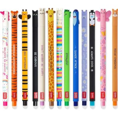Legami Set di 13 penne gel cancellabili con inchiostro termosensibile, colori assortiti e design fusto, punta 0,7 mm, motivi animali Legami Set di 13 penne gel cancellabili con inchiostro termosensibile, colori assortiti e design fusto, punta 0,7 mm, motivi animali