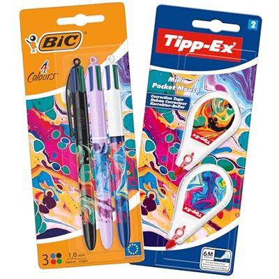 BIC 4Colori Penne Multicolore a Sfera e Tipp-Ex Bianchetti a Nastro, Decori Tie Dye, 5 Unità, Cancelleria Studenti BIC 4Colori Penne Multicolore a Sfera e Tipp-Ex Bianchetti a Nastro, Decori Tie Dye, 5 Unità, Cancelleria Studenti