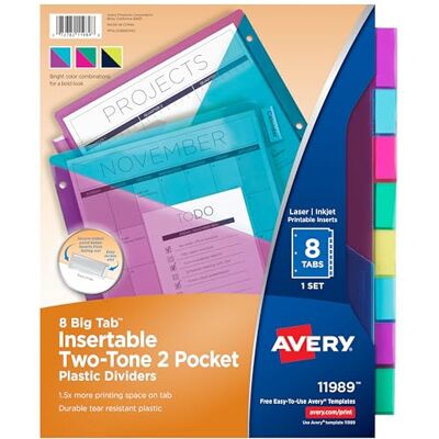 Avery Divisori in plastica a 8 linguette bicolore con due tasche, grandi linguette inseribili dai colori vivaci, 1 set () Avery Divisori in plastica a 8 linguette bicolore con due tasche, grandi linguette inseribili dai colori vivaci, 1 set ()