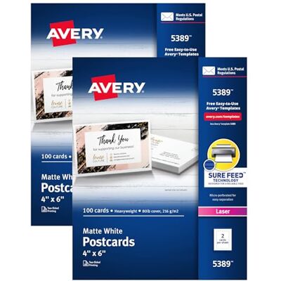 Avery Biglietti stampabili con tecnologia Sure Feed, 10,2 x 15,2 cm, formato cartolina USA, laser, confezione da 2, 100 carte per confezione, 200 cartoline vuote totali () Avery Biglietti stampabili con tecnologia Sure Feed, 10,2 x 15,2 cm, formato cartolina USA, laser, confezione da 2, 100 carte per confezione, 200 cartoline vuote totali ()