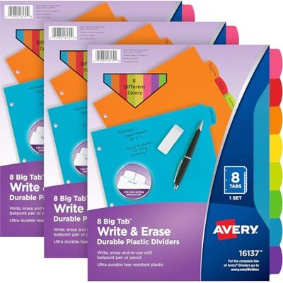 Avery Divisori resistenti con linguette – Set di 8 linguette colorate assortite – Divisori in plastica per scrivere e cancellare, 3 anelli (confezione da 3) Avery Divisori resistenti con linguette – Set di 8 linguette colorate assortite – Divisori in plastica per scrivere e cancellare, 3 anelli (confezione da 3)