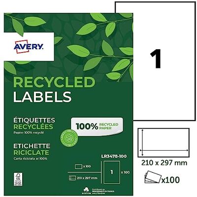 Avery Confezione da 100 etichette 100% riciclate autoadesive. Personalizzabili e stampabili. Formato 210 x 297 mm Angoli vividi. Stampa laser e getto d'inchiostro. (LR3478-100) Avery Confezione da 100 etichette 100% riciclate autoadesive. Personalizzabili e stampabili. Formato 210 x 297 mm Angoli vividi. Stampa laser e getto d'inchiostro. (LR3478-100)