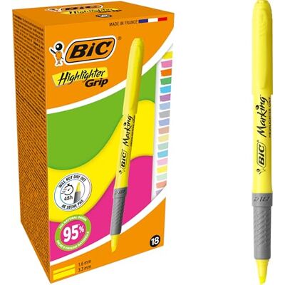 BIC Penne evidenziatori fluo e pastello Highlighter Grip Con Punta A Scalpello Colori Assortiti, Confezione da 18 BIC Penne evidenziatori fluo e pastello Highlighter Grip Con Punta A Scalpello Colori Assortiti, Confezione da 18