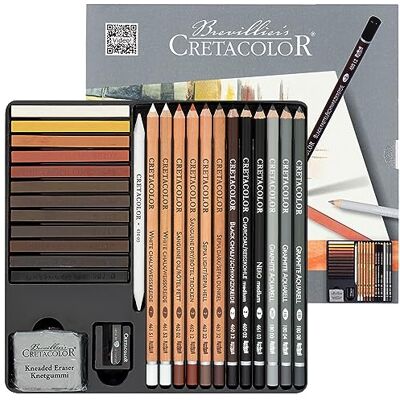 CRETACOLOR Set da disegno 27 pezzi, con gomma e temperino, dotazione di base ideale, tampone morbido e ricco, in robusta custodia in metallo CRETACOLOR Set da disegno 27 pezzi, con gomma e temperino, dotazione di base ideale, tampone morbido e ricco, in robusta custodia in metallo