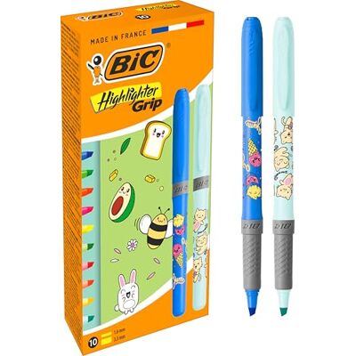 BIC Penne Evidenziatori Highlighter Grip Décor Serie Kawaii Punta a Scalpello Colori Assortiti Fluo, Confezione da 10 BIC Penne Evidenziatori Highlighter Grip Décor Serie Kawaii Punta a Scalpello Colori Assortiti Fluo, Confezione da 10