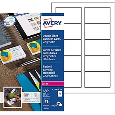 Avery Biglietti da visita, aspetto satinato, grammatura: 220 g/m², per stampanti laser a colori e in bianco e nero, 85 x 54 mm, confezione da 100 unità Avery Biglietti da visita, aspetto satinato, grammatura: 220 g/m², per stampanti laser a colori e in bianco e nero, 85 x 54 mm, confezione da 100 unità