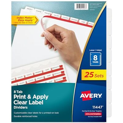 Avery Divisori per raccoglitori a 8 schede, facile da stampare e applicare, striscia trasparente per etichette, indici, linguette bianche, 25 set () Avery Divisori per raccoglitori a 8 schede, facile da stampare e applicare, striscia trasparente per etichette, indici, linguette bianche, 25 set ()