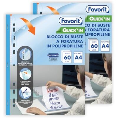 Favorit Quick'in conf. da 2 blocchi di buste con foratura universale in polipropilene formato interno A4 finitura liscia trasparente Favorit Quick'in conf. da 2 blocchi di buste con foratura universale in polipropilene formato interno A4 finitura liscia trasparente