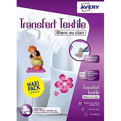 Carta da Trasferimento in Cotone A4 AVERY - Bianco/Colori Chiari - Resistente & Facile da Usare Carta da Trasferimento in Cotone A4 AVERY - Bianco/Colori Chiari - Resistente & Facile da Usare