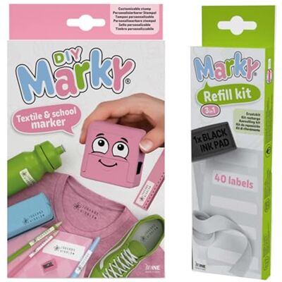 COLOP Set di timbri MARKY in rosa, con inchiostro nero per l'etichettatura di vari oggetti e indumenti, incl. set di ricarica 3in1 con tampone d'inchiostro, 40 etichette e nastro termico da 1 m COLOP Set di timbri MARKY in rosa, con inchiostro nero per l'etichettatura di vari oggetti e indumenti, incl. set di ricarica 3in1 con tampone d'inchiostro, 40 etichette e nastro termico da 1 m