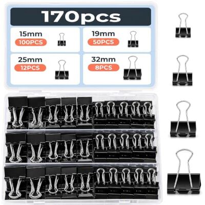 CUULANIX 170 PCS Clip Pieghevoli in Metallo, 15/19/25/32 mm, Neri Extra Resistenti, Ferma Carta, per Fascicoli, per Documenti, per Carta, Ufficio, Scuola, Casa CUULANIX 170 PCS Clip Pieghevoli in Metallo, 15/19/25/32 mm, Neri Extra Resistenti, Ferma Carta, per Fascicoli, per Documenti, per Carta, Ufficio, Scuola, Casa