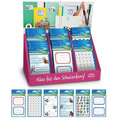 Avery Italia assortimento su espositore di 120 stickers adesivi, decorativi per libri, quaderni e materiali per la scuola, 6 fantasie, 60 pezzi totali Avery Italia assortimento su espositore di 120 stickers adesivi, decorativi per libri, quaderni e materiali per la scuola, 6 fantasie, 60 pezzi totali