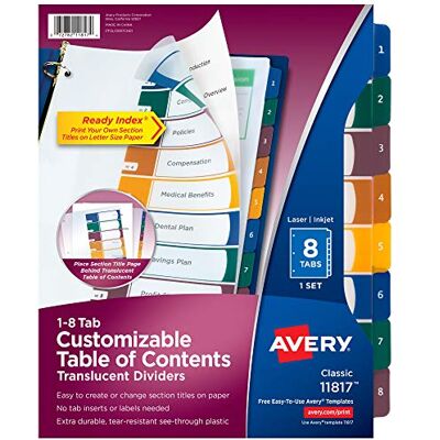 Avery Plastic 8 Tab Binder Dividers, Customizable Table of Contents, Multicolor Tabs, 1 Set () Avery Plastic 8 Tab Binder Dividers, Customizable Table of Contents, Multicolor Tabs, 1 Set ()