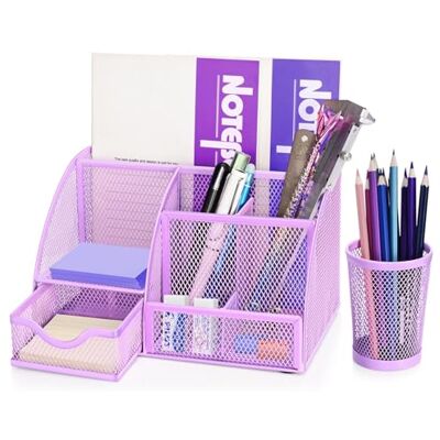 Flexzion Organizer da scrivania viola in rete metallica per ufficio, accessori da scrivania, set di accessori per donne, uomini, studenti, 6 scomparti con cassetto e portapenne, organizer da scrivania Flexzion Organizer da scrivania viola in rete metallica per ufficio, accessori da scrivania, set di accessori per donne, uomini, studenti, 6 scomparti con cassetto e portapenne, organizer da scrivania