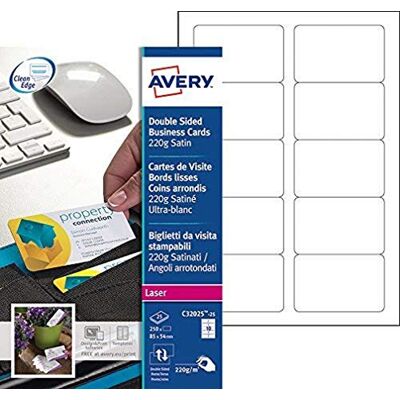 Avery Italia Biglietto da Visita con Angoli Arrotondati, Stampabile Fronte/Retro, 10 Biglietti per Foglio, Confezione da 25 Pezzi, Bianco Avery Italia Biglietto da Visita con Angoli Arrotondati, Stampabile Fronte/Retro, 10 Biglietti per Foglio, Confezione da 25 Pezzi, Bianco