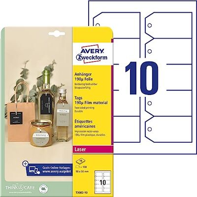 Avery Italia Cartellini con foro in plastica ultraresistente da 190µ su foglio A4, formato 80x50mm, 15 cartellini per foglio, stampa laser fronte e retro, cordoncino incluso, confezione da 10 fogli Avery Italia Cartellini con foro in plastica ultraresistente da 190µ su foglio A4, formato 80x50mm, 15 cartellini per foglio, stampa laser fronte e retro, cordoncino incluso, confezione da 10 fogli