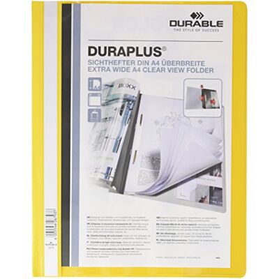 Durable Cartellina ad aghi Duraplus, f.to A4+, fronte trasparente e retro colorato, porta etichetta, tasche interne, giallo, conf. da 25 pezzi Durable Cartellina ad aghi Duraplus, f.to A4+, fronte trasparente e retro colorato, porta etichetta, tasche interne, giallo, conf. da 25 pezzi