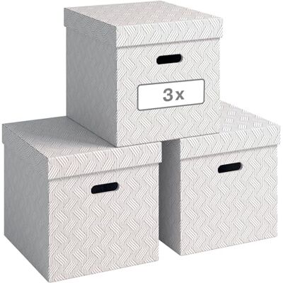 Leitz von Set di 3 contenitori con coperchio, 29 l, grande cartone riciclato, design geometrico, per scuola, studio e casa, 3 pezzi, colore: Bianco Leitz von Set di 3 contenitori con coperchio, 29 l, grande cartone riciclato, design geometrico, per scuola, studio e casa, 3 pezzi, colore: Bianco