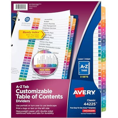 Avery Divisori A-Z per raccoglitori a 3 anelli, sommario personalizzabili, linguette multicolori, 3 set () Avery Divisori A-Z per raccoglitori a 3 anelli, sommario personalizzabili, linguette multicolori, 3 set ()