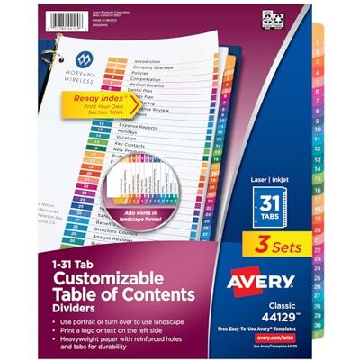 Avery Ready Index Table of Contents Dividers 31-etichetta 1-Pack (3 Sets) Avery Ready Index Table of Contents Dividers 31-etichetta 1-Pack (3 Sets)