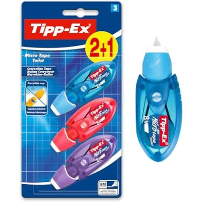 BIC Tipp-Ex Correttore a Nastro, Micro-Tape Twist, Bianchetti a Nastro 2+1 Unità, Colori Assortiti, Cancelleria Scuola e Casa BIC Tipp-Ex Correttore a Nastro, Micro-Tape Twist, Bianchetti a Nastro 2+1 Unità, Colori Assortiti, Cancelleria Scuola e Casa