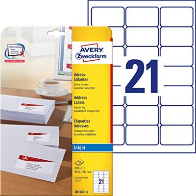 Avery Dennison Etichette per indirizzi Zweckform con rivestimento speciale, 10 pagine, 63,5 x 38,1 mm, colore: Bianco Avery Dennison Etichette per indirizzi Zweckform con rivestimento speciale, 10 pagine, 63,5 x 38,1 mm, colore: Bianco