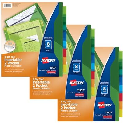 Avery Divisori per raccoglitori a 3 anelli, divisori per raccoglitori a 8 schede, divisori in plastica a due tasche, linguette grandi inseribili, multicolore, 3 set () Avery Divisori per raccoglitori a 3 anelli, divisori per raccoglitori a 8 schede, divisori in plastica a due tasche, linguette grandi inseribili, multicolore, 3 set ()