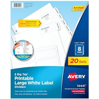 Avery Big Tab stampabile grande bianco etichetta divisori con Easy Peel, 8 linguette, 20 set () Avery Big Tab stampabile grande bianco etichetta divisori con Easy Peel, 8 linguette, 20 set ()