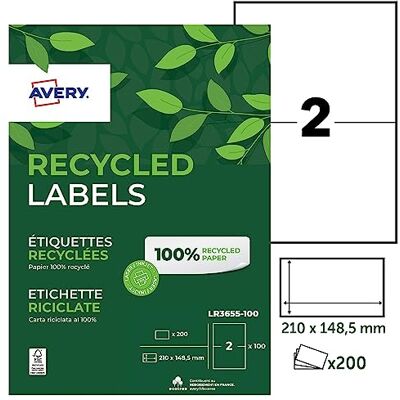Avery 200 etichette 100% riciclate autoadesive. Personalizzabili e stampabili. Formato 210 x 148,5 mm. Stampa laser e a getto d'inchiostro. (LR3655-100) Avery 200 etichette 100% riciclate autoadesive. Personalizzabili e stampabili. Formato 210 x 148,5 mm. Stampa laser e a getto d'inchiostro. (LR3655-100)