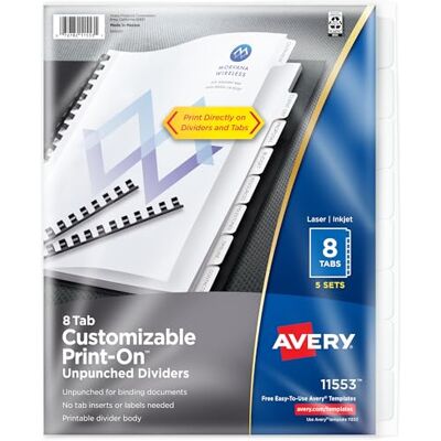 Avery Unpunched print-on Dividers, bianco, 8 linguette, 5 set () Avery Unpunched print-on Dividers, bianco, 8 linguette, 5 set ()