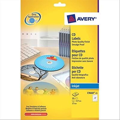 Avery Etichette adesive bianche per CD, d. 117 mm, 2 etichette per Foglio, confezione da 25 Fogli, stampanti laser Avery Etichette adesive bianche per CD, d. 117 mm, 2 etichette per Foglio, confezione da 25 Fogli, stampanti laser