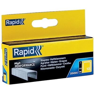 Rapid Confezione da 2500 Graffe N.13/10 per Tessuto e Decorazioni in Acciaio Zincato, Struttura a Filo Fine, Lunghezza Gamba 10 mm Rapid Confezione da 2500 Graffe N.13/10 per Tessuto e Decorazioni in Acciaio Zincato, Struttura a Filo Fine, Lunghezza Gamba 10 mm