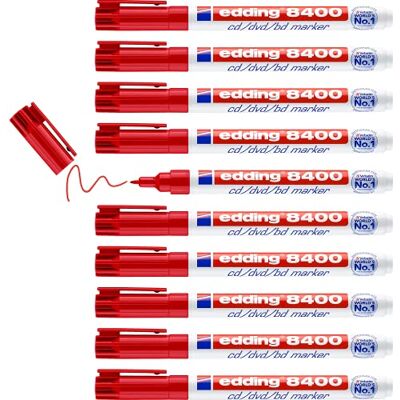 Edding 8400 Pennarello per CD/Dvd/BD, 10 pennini, Punta Tonda fine 0,5-1 mm, per etichettatura Permanente di CD, Dvd e Dischi Blu-Ray, Colore: Rosso Edding 8400 Pennarello per CD/Dvd/BD, 10 pennini, Punta Tonda fine 0,5-1 mm, per etichettatura Permanente di CD, Dvd e Dischi Blu-Ray, Colore: Rosso