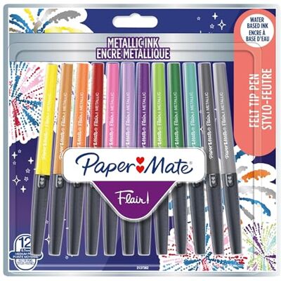 Paper Mate Flair, pennarelli metallizzati con punta in feltro, inchiostro brillante su carta bianca, colori assortiti, punta media (0,7 mm), 12 pezzi Paper Mate Flair, pennarelli metallizzati con punta in feltro, inchiostro brillante su carta bianca, colori assortiti, punta media (0,7 mm), 12 pezzi