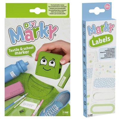 COLOP Set di timbri MARKY in verde, con inchiostro nero per etichettare vari oggetti e indumenti, incluso set di etichette da stirare, 28 etichette da stirare, 7 disegni ciascuno COLOP Set di timbri MARKY in verde, con inchiostro nero per etichettare vari oggetti e indumenti, incluso set di etichette da stirare, 28 etichette da stirare, 7 disegni ciascuno