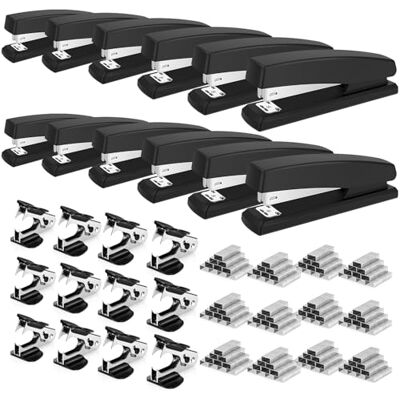 deli Pinzatrice, confezione da 12 cucitrici da scrivania, 25 fogli, include 12000 punti metallici e 12 levapunti, nero deli Pinzatrice, confezione da 12 cucitrici da scrivania, 25 fogli, include 12000 punti metallici e 12 levapunti, nero
