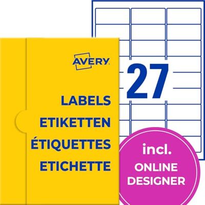 Avery Etichette con nome (1.350 adesivi per nome, 63,5 x 29,6 mm su A4, autoadesive, stampabili, in seta acetata per stampanti laser, rimovibile senza residui), 50 fogli, bianco Avery Etichette con nome (1.350 adesivi per nome, 63,5 x 29,6 mm su A4, autoadesive, stampabili, in seta acetata per stampanti laser, rimovibile senza residui), 50 fogli, bianco